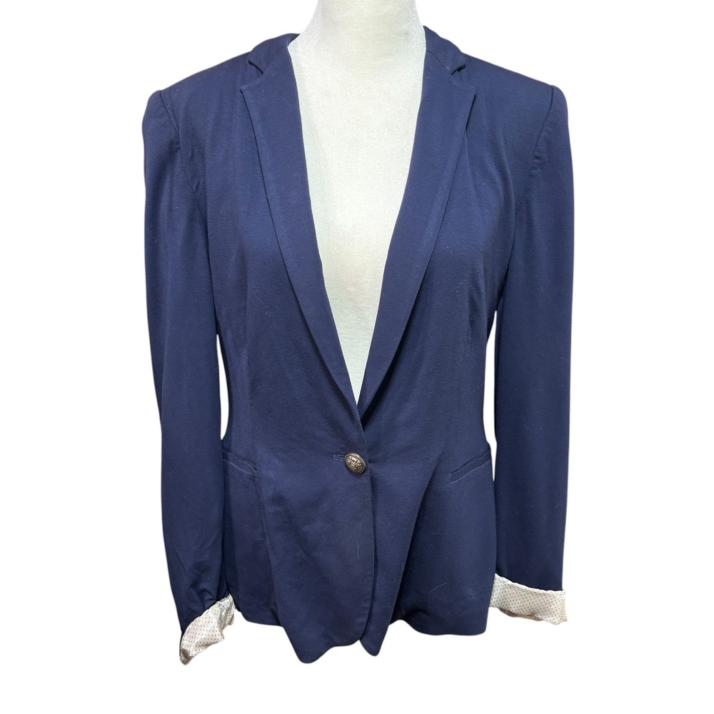 Zara Basic Navy Blue Single Button Knit Blazer Jacket Polka Dot Lining L #248